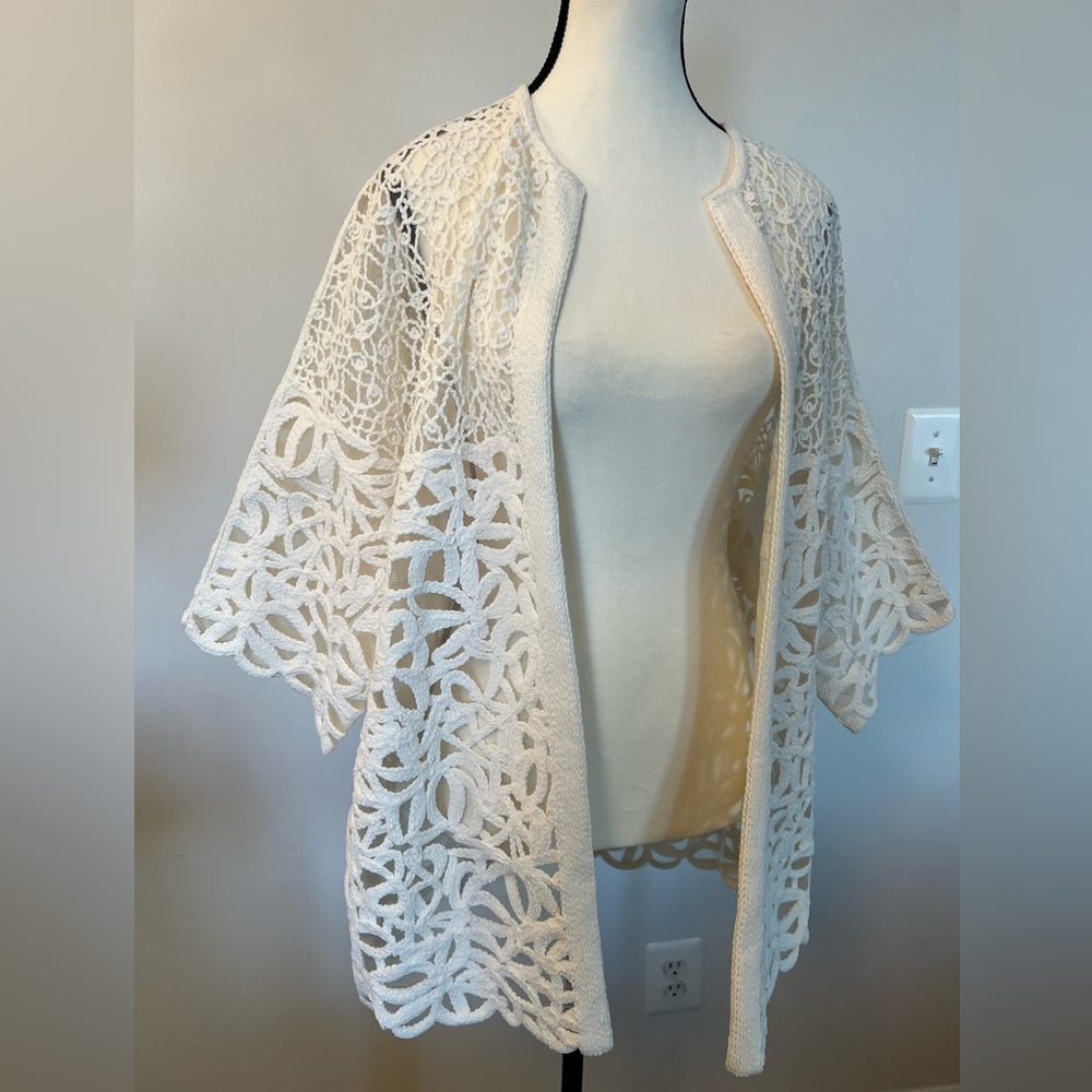 Per Se Carlisle White Lace Open Front Jacket Cardigan Elegant Floral Lace Size S